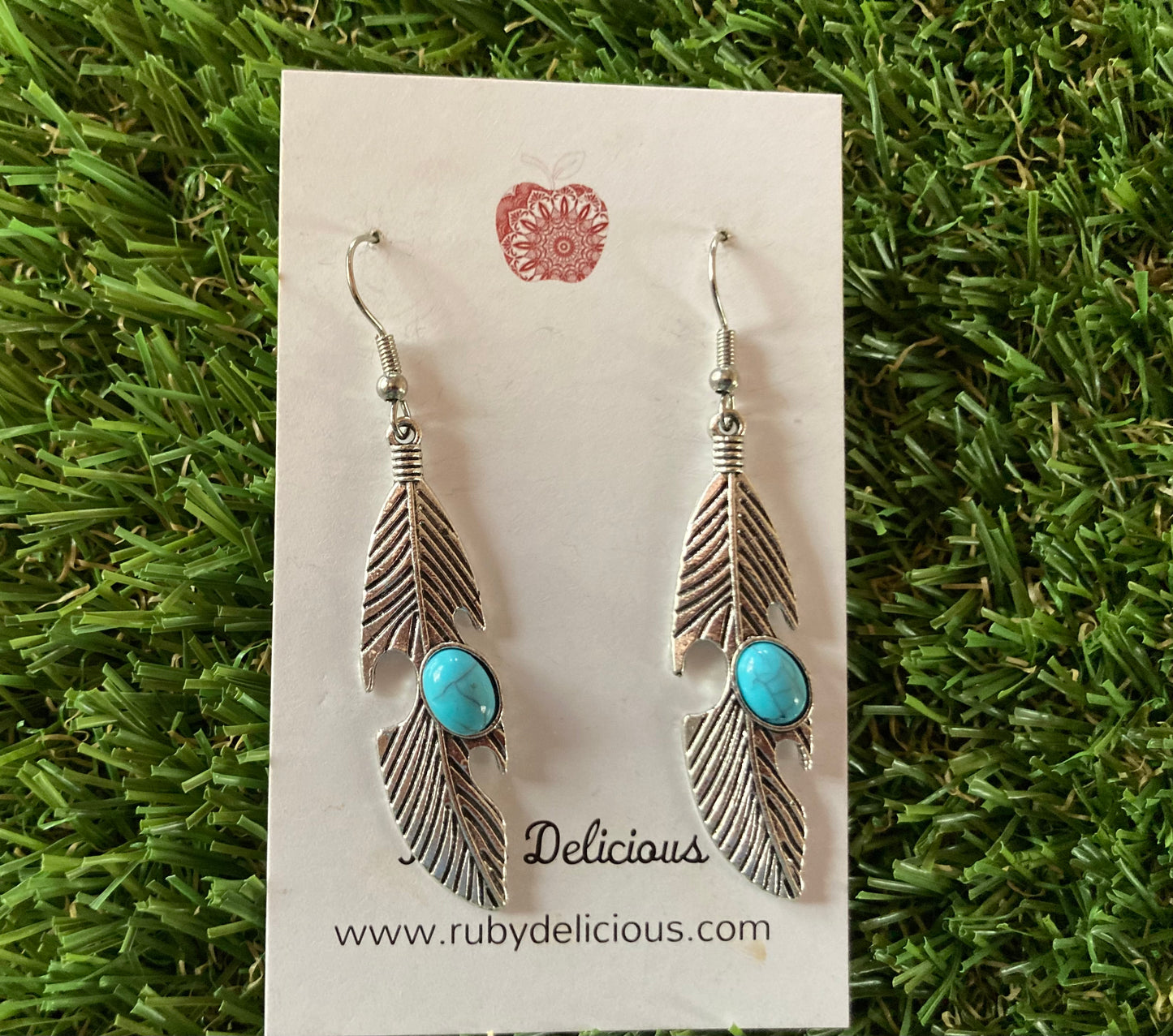 Silver Feather &Blue Stone Earrings